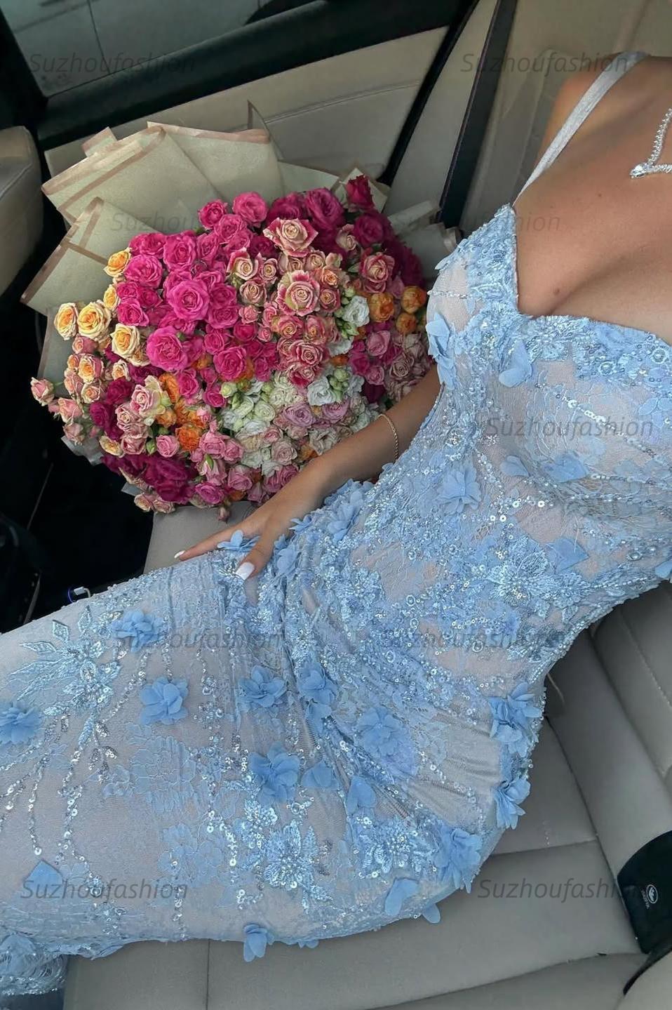 Suzhoufashion Light Blue 3D Floral Lace Beaded Mermaid Prom Dress With Illusion Corset Bodice Formal Evening Gown