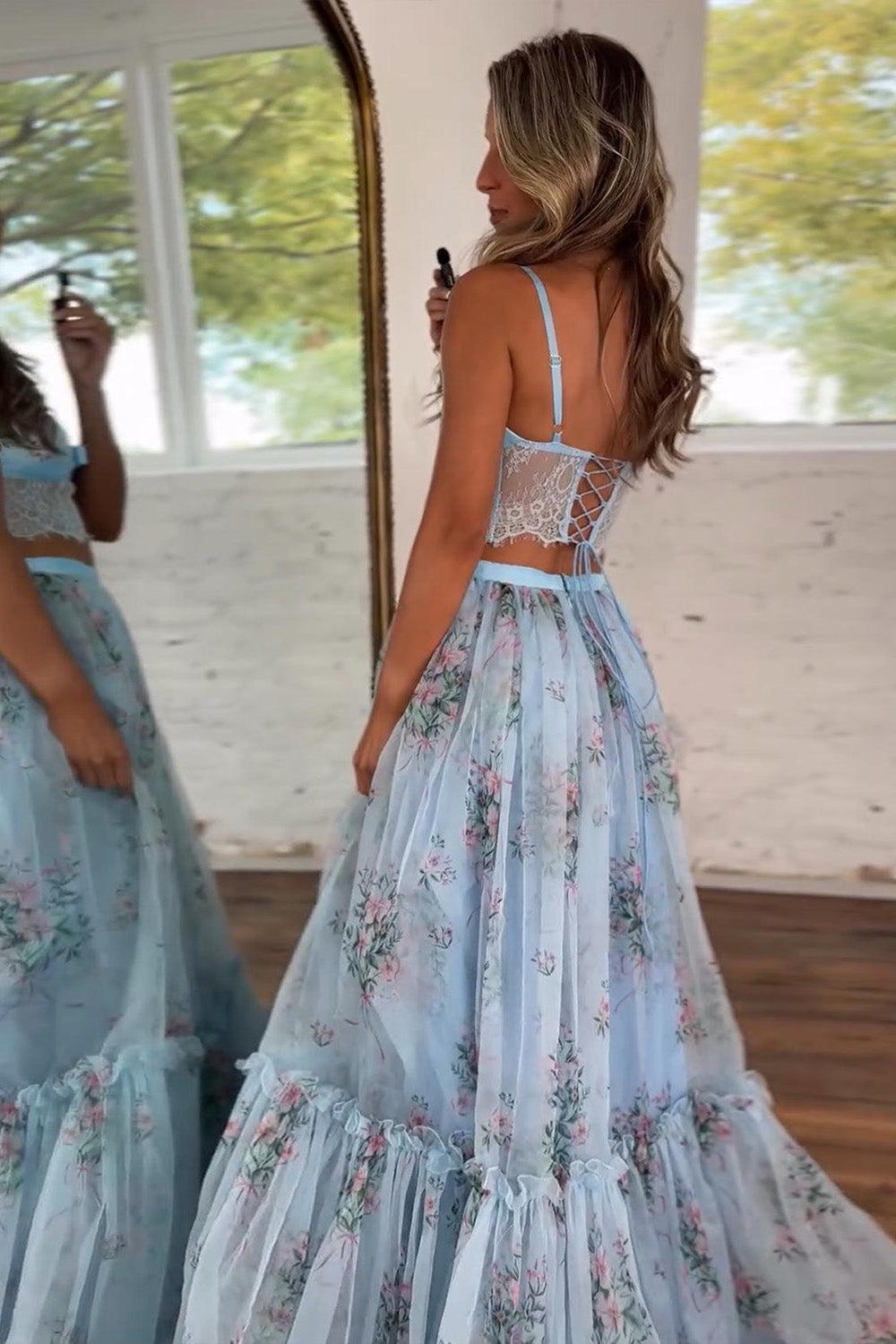 Suzhoufashion Light Blue Floral Two-Piece Prom Dress With Lace Crop Top & Tiered Tulle Skirt Formal Evening Gown