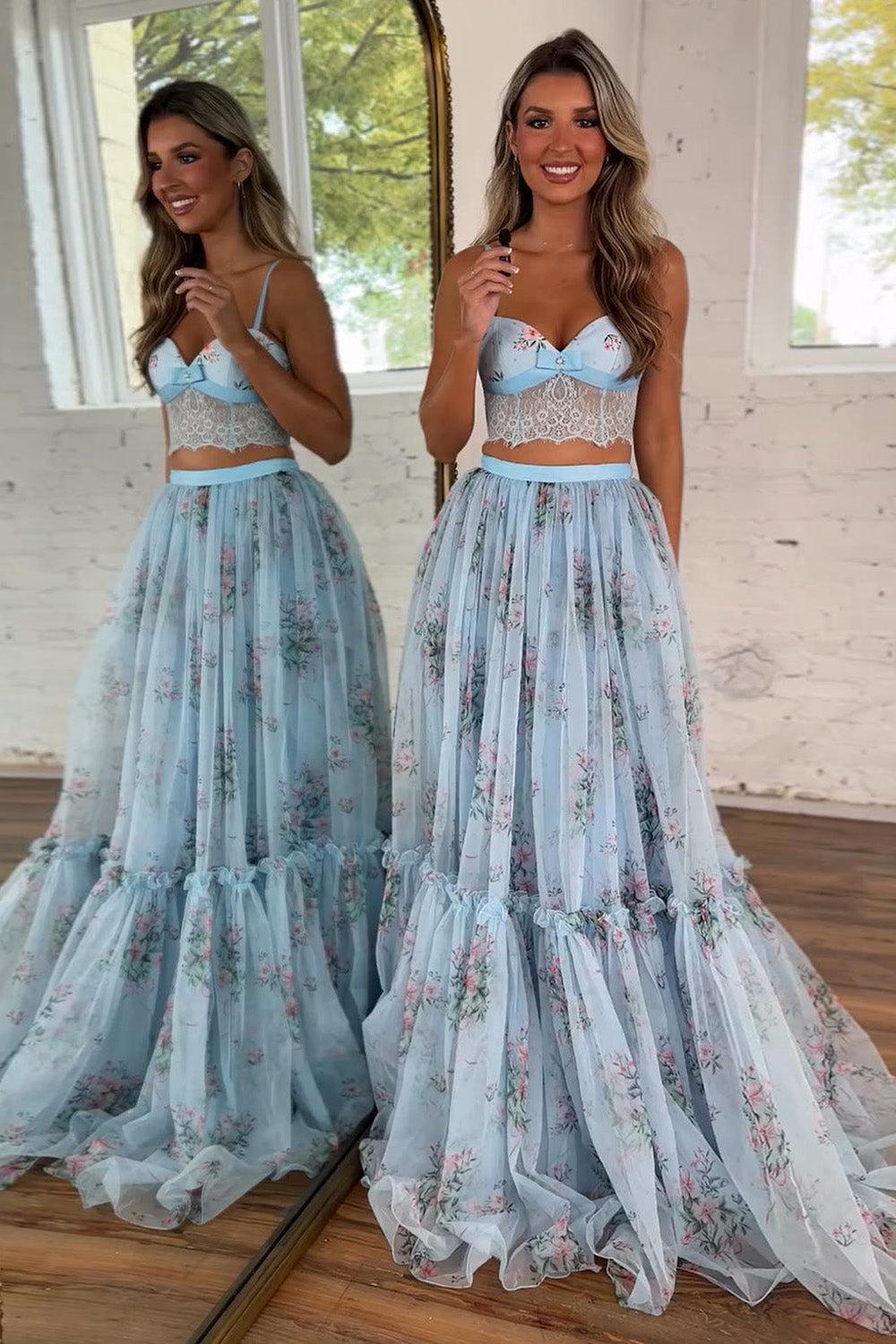 Suzhoufashion Light Blue Floral Two-Piece Prom Dress With Lace Crop Top & Tiered Tulle Skirt Formal Evening Gown