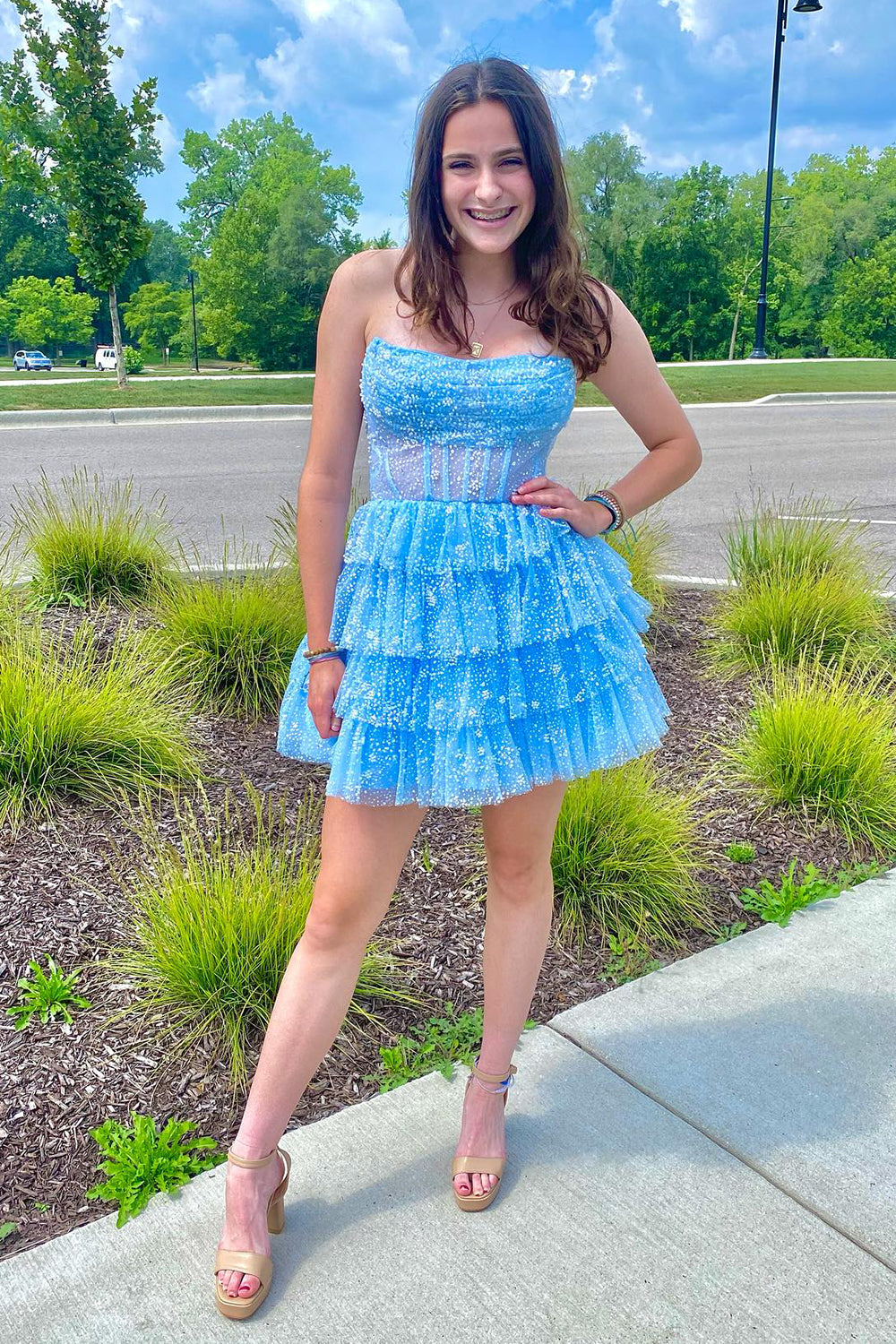 Light Blue Homecoming Dresses Corset Strapless A-Line Tiered Short Cocktail Dresses