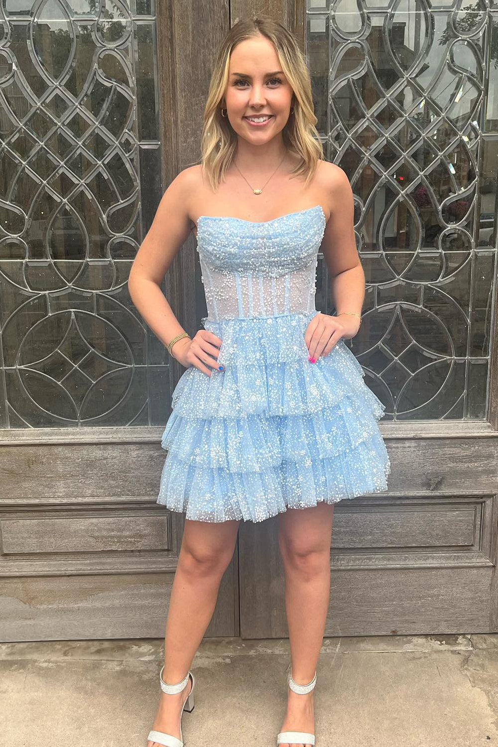 Light Blue Homecoming Dresses Corset Strapless A-Line Tiered Short Cocktail Dresses