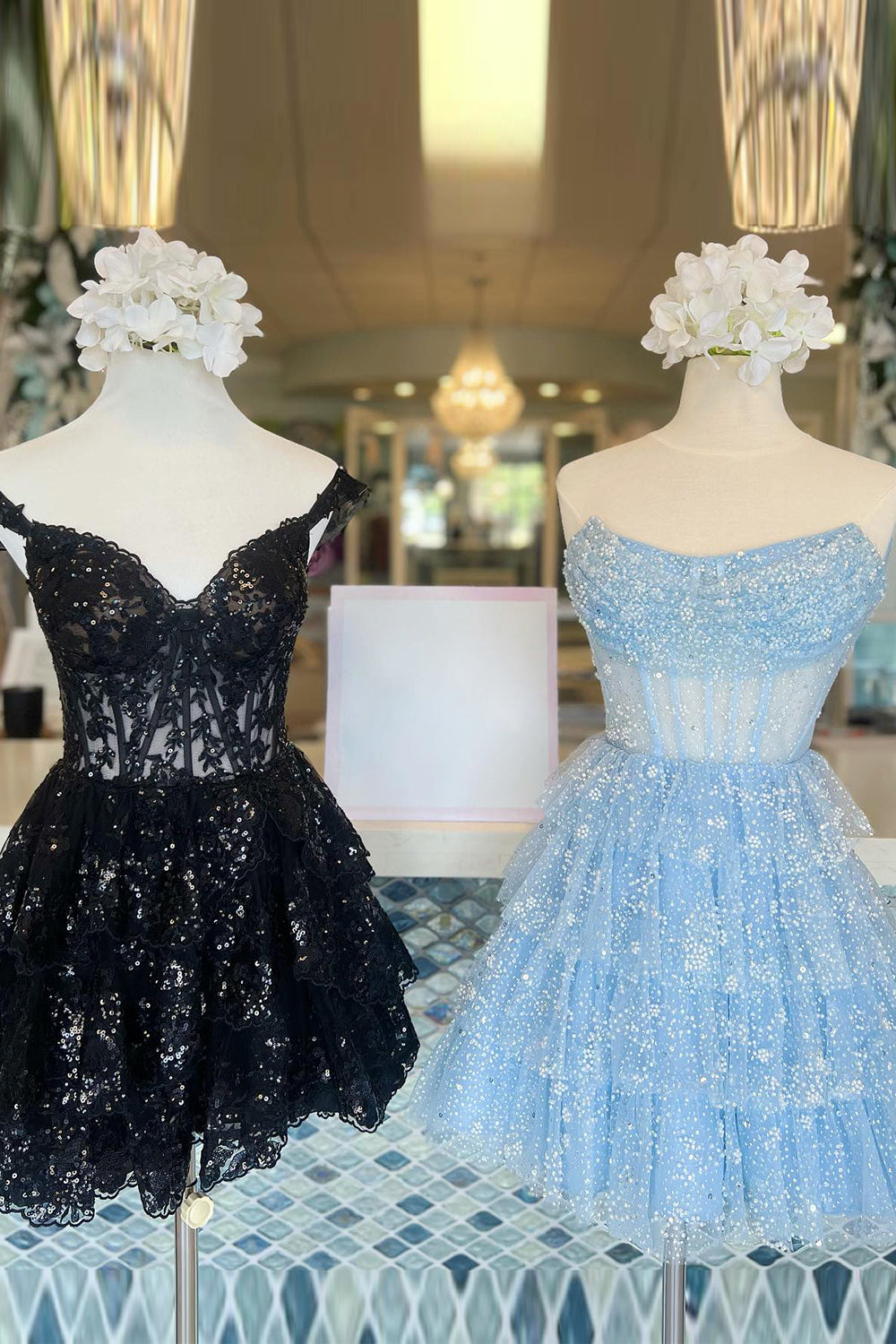 Light Blue Homecoming Dresses Corset Strapless A-Line Tiered Short Cocktail Dresses