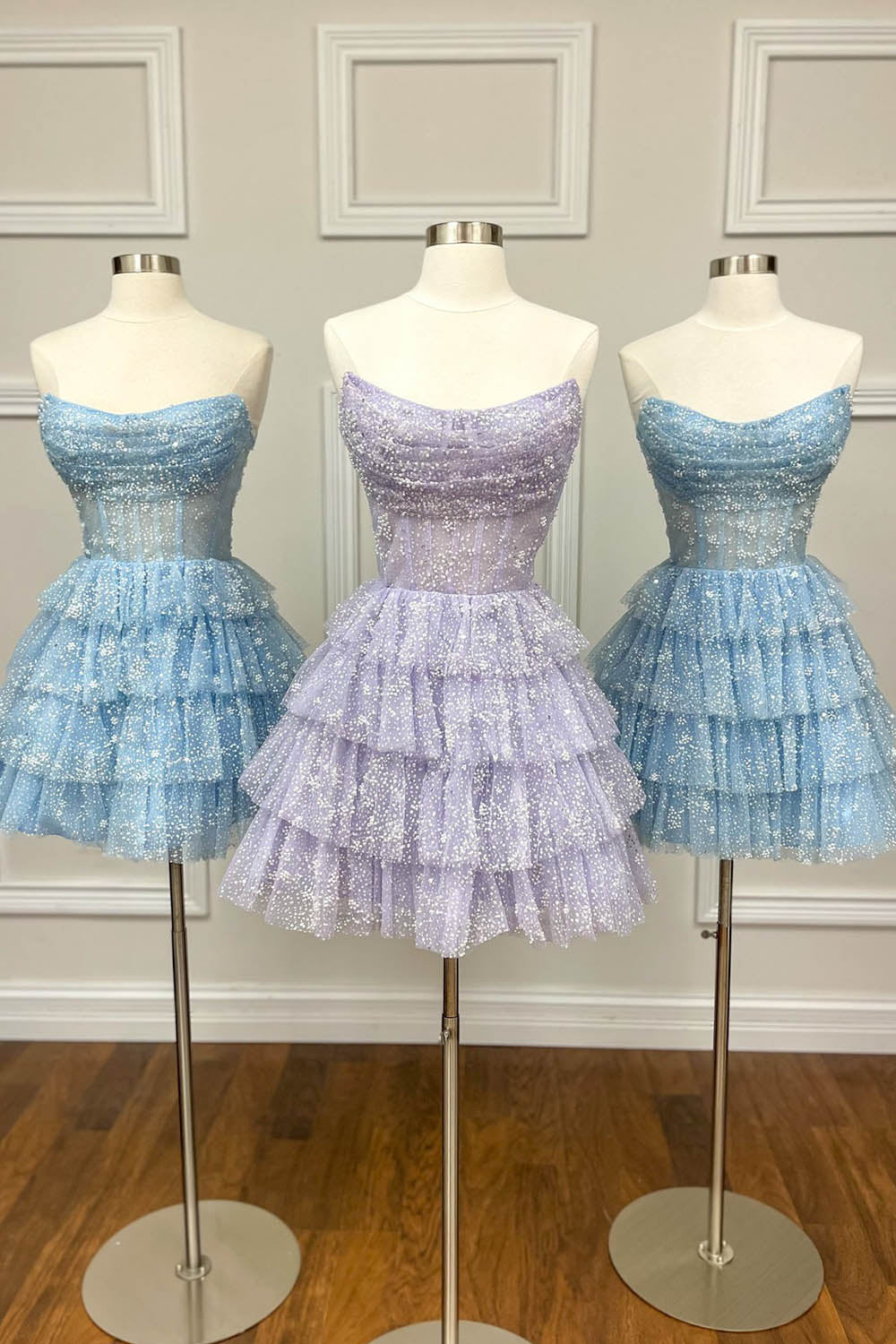 Light Blue Homecoming Dresses Corset Strapless A-Line Tiered Short Cocktail Dresses