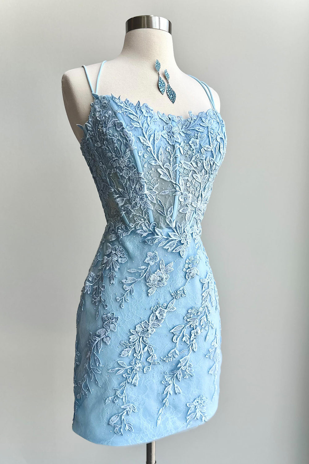 Light Blue Homecoming Dresses Spaghetti Straps Tight Corset Prom Dress with Appliques