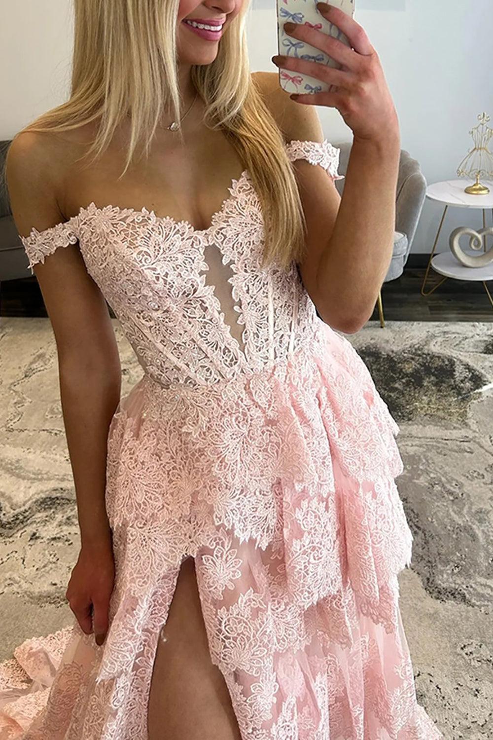 Suzhoufashion Light Blue Lace Ruffled Prom Dress Corset Off The Shoulder Long Formal Dress With Slit