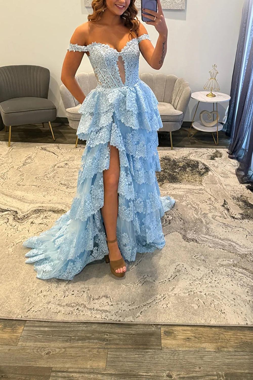 Suzhoufashion Light Blue Lace Ruffled Prom Dress Corset Off The Shoulder Long Formal Dress With Slit
