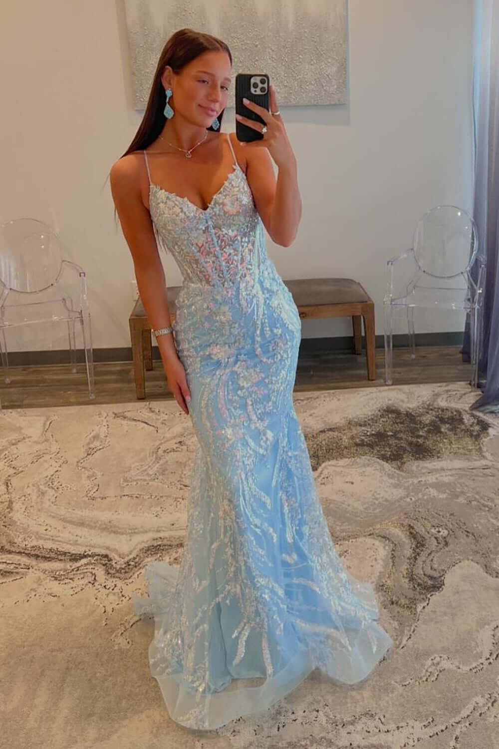 Blue Prom Dress Spaghetti Straps Corset Mermaid Tulle Formal Dress