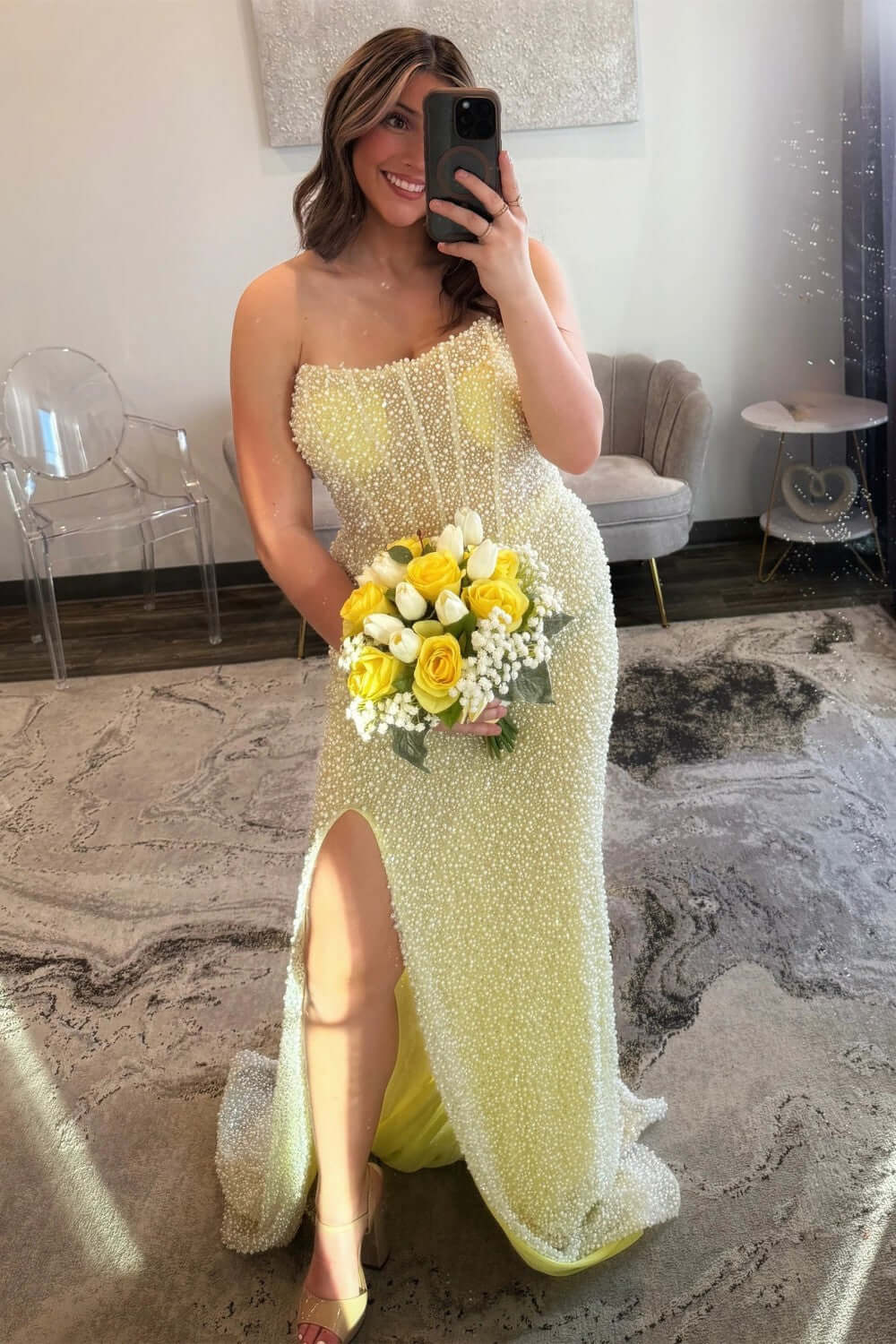 Suzhoufashion Luxurious Mermaid Strapless Light Blue Corset Prom Dress With Pearls Split Front Formal Evening Gown