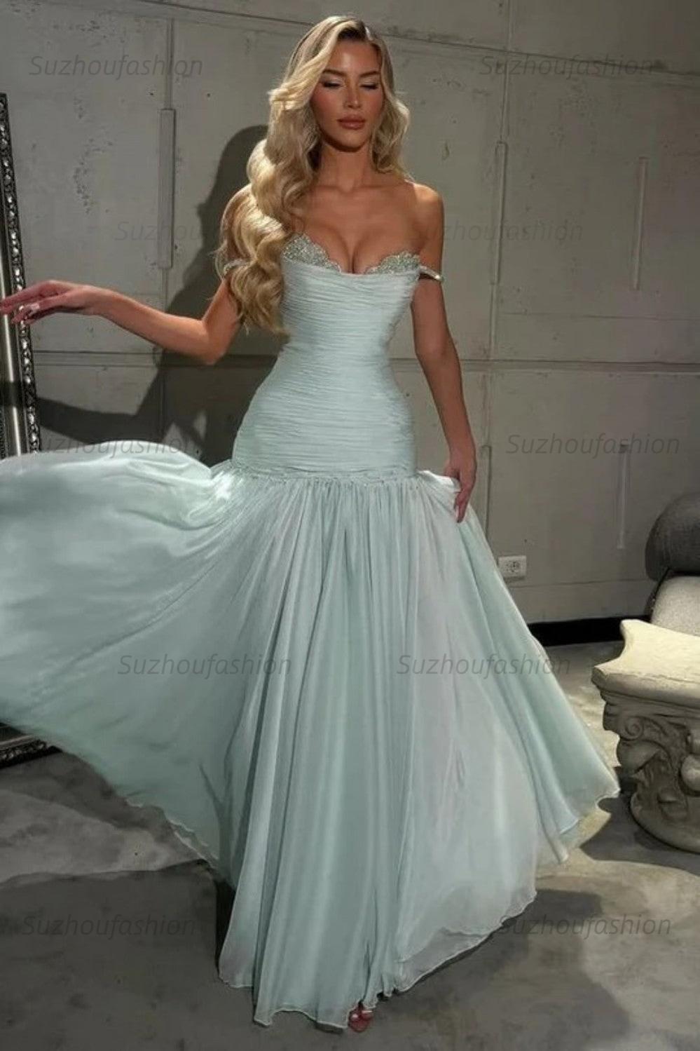 Off The Shoulder Prom Dress Sleeveless Pleated A Line Formal Evening Gown