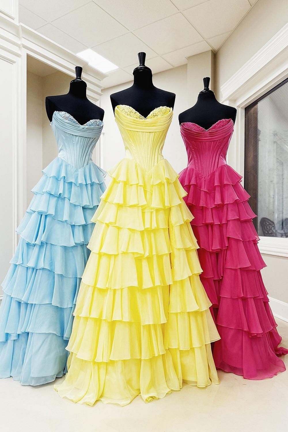 Light Blue Prom Dress A Line Sweetheart Ruffled Corset Long Formal Dress