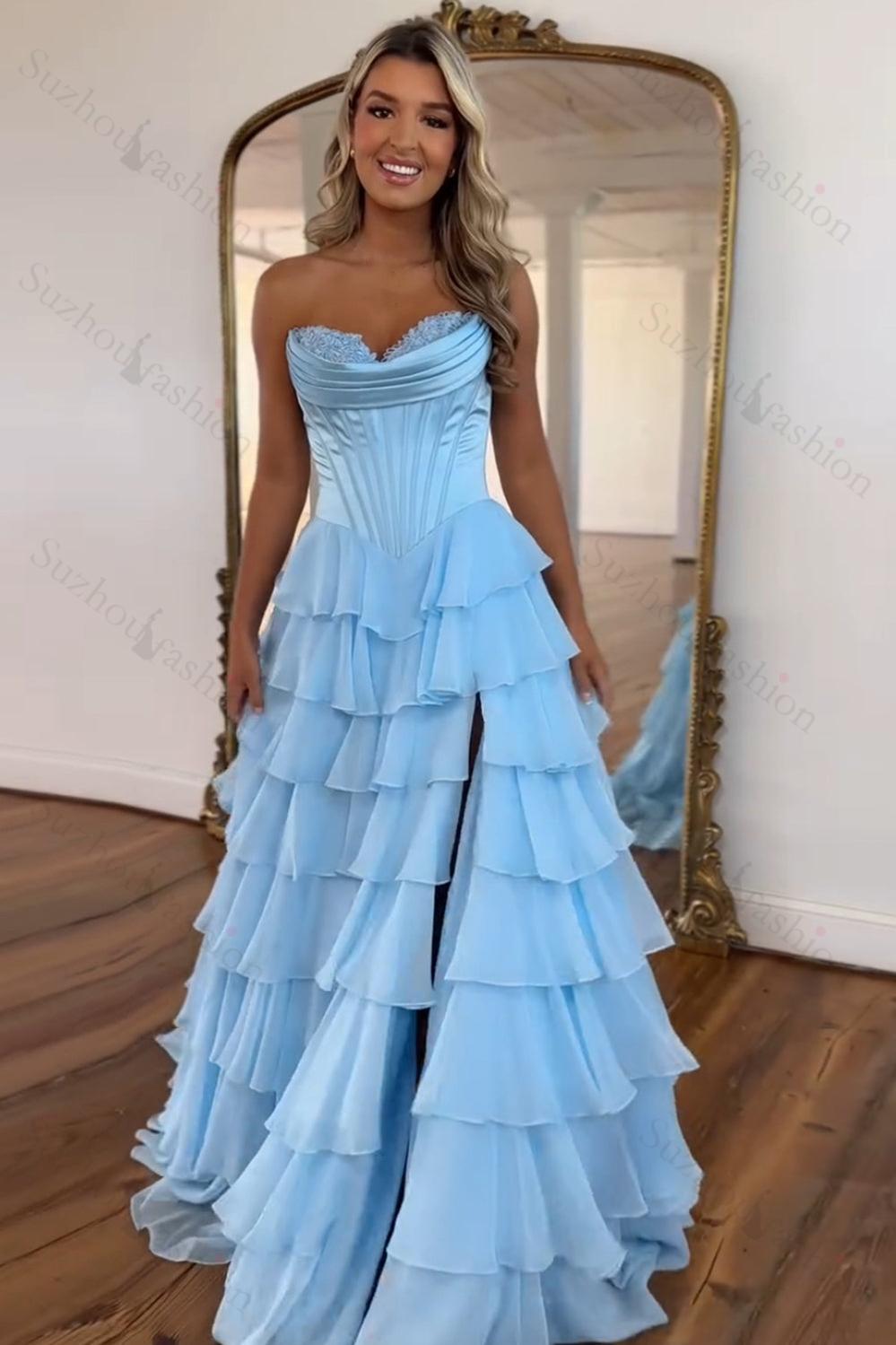 Light Blue Prom Dress A Line Sweetheart Ruffled Corset Long Formal Dress