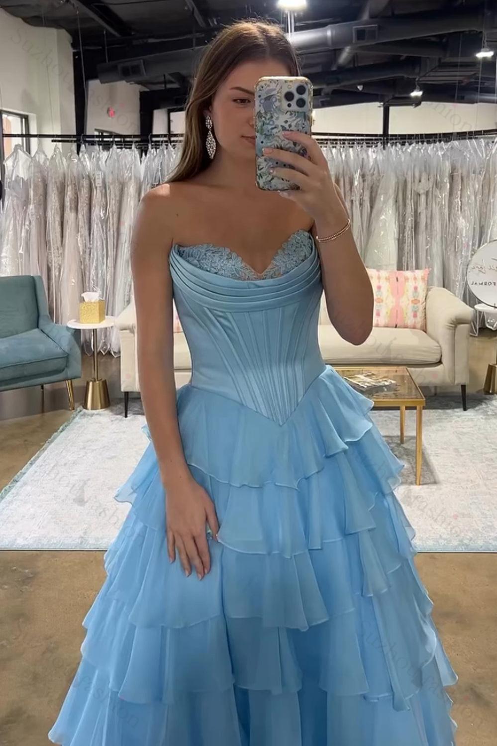 Light Blue Prom Dress A Line Sweetheart Ruffled Corset Long Formal Dress