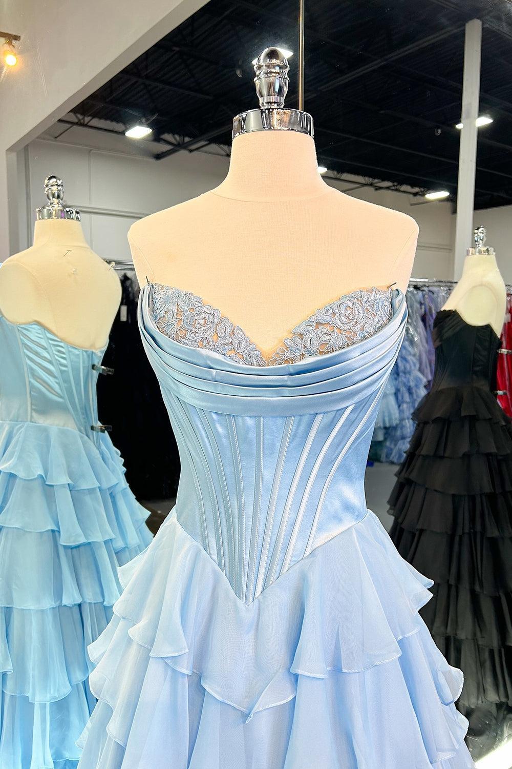 Light Blue Prom Dress A Line Sweetheart Ruffled Corset Long Formal Dress