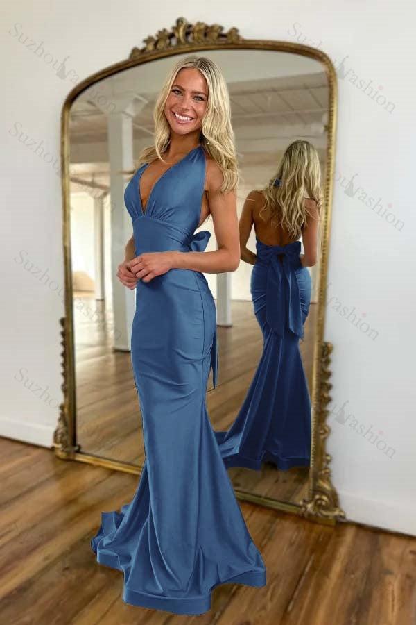 Light Blue Prom Dress Mermaid Deep V-Neck Backless Long Formal Dress