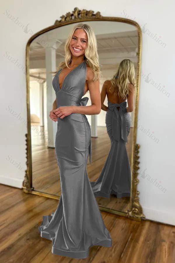Light Blue Prom Dress Mermaid Deep V-Neck Backless Long Formal Dress