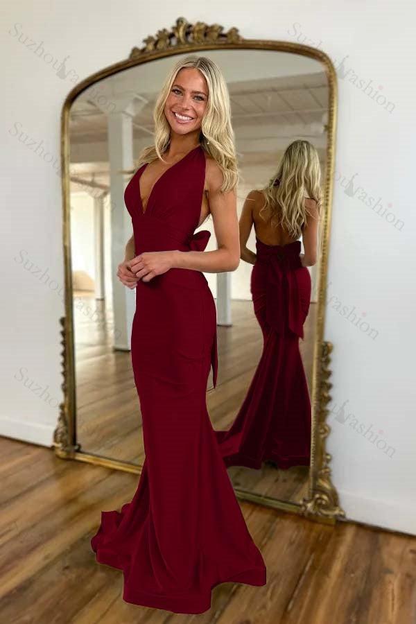 Light Blue Prom Dress Mermaid Deep V-Neck Backless Long Formal Dress