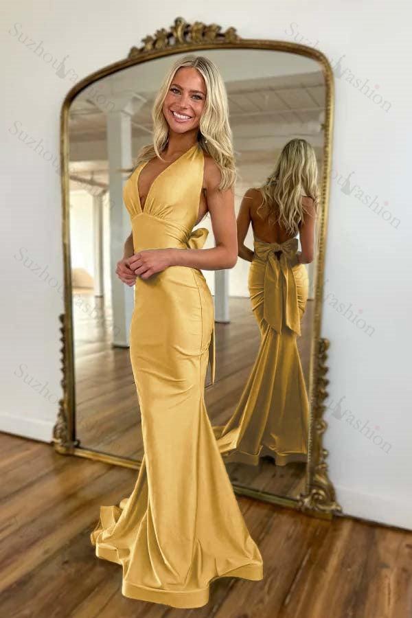 Light Blue Prom Dress Mermaid Deep V-Neck Backless Long Formal Dress