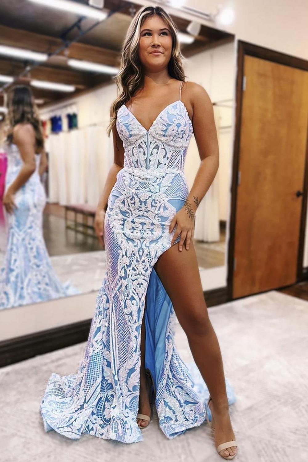 Light Blue Prom Dress Mermaid Lace Formal Dress With Slit