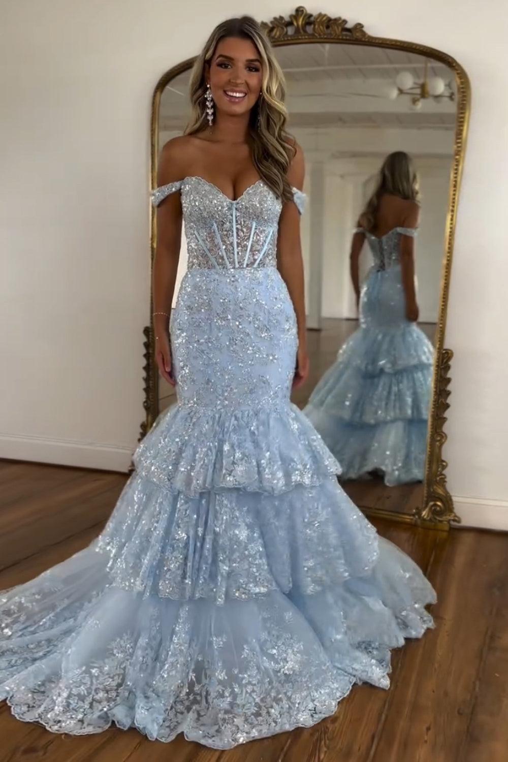 Light Blue Prom Dress Mermaid Off The Shoulder Long Formal Dress With Lace