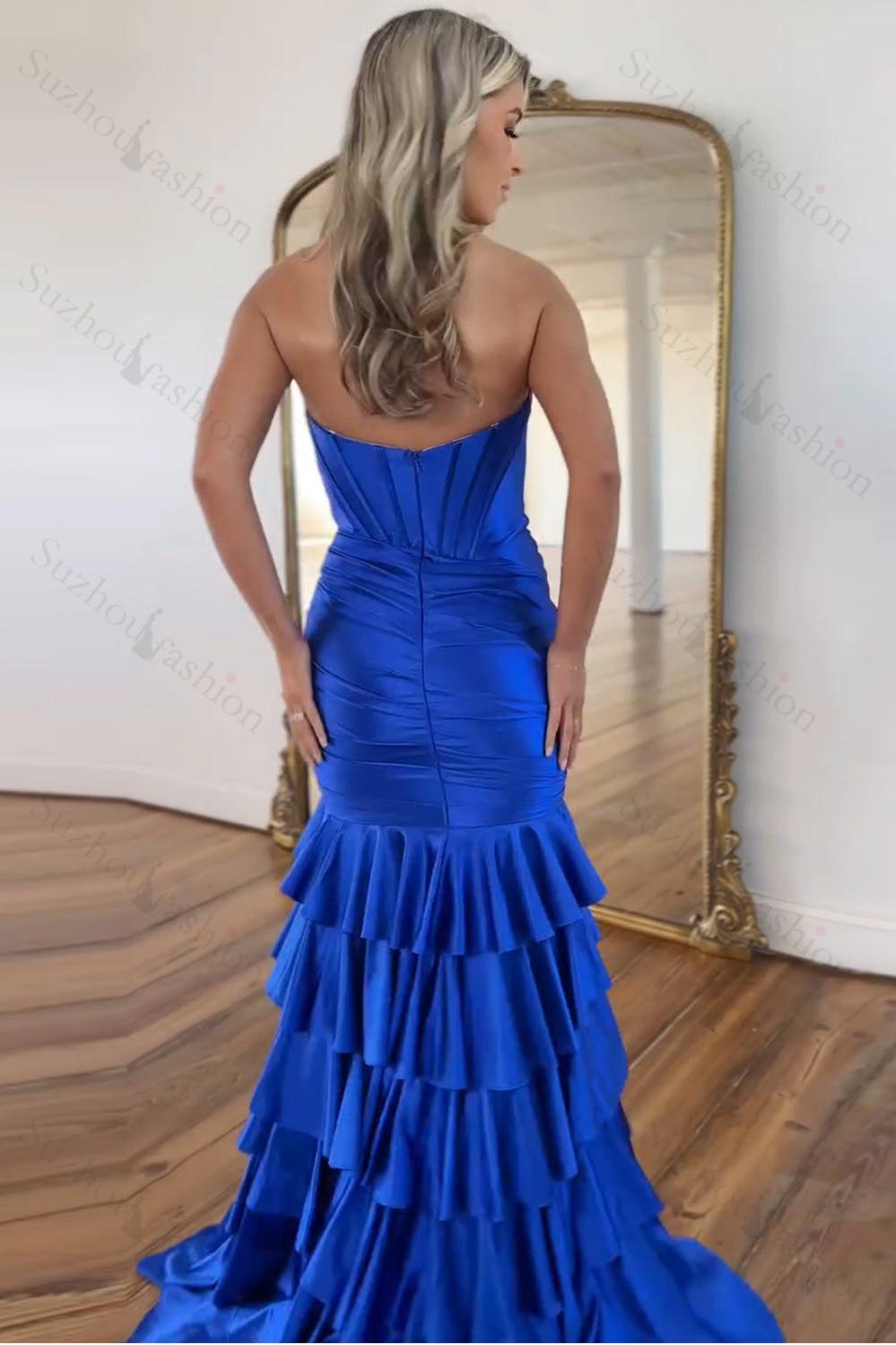 Light Blue Prom Dress Mermaid Sweetheart Corset Satin Ruffled Long Formal Dress With Slit