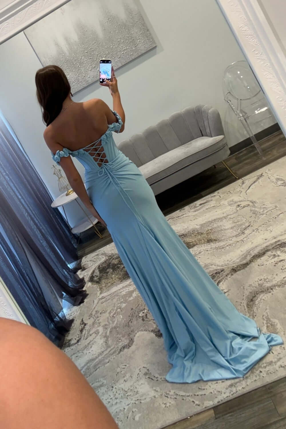 Light Blue Prom Dress Off The Shoulder Corset Mermaid Long Formal Dress With Slit