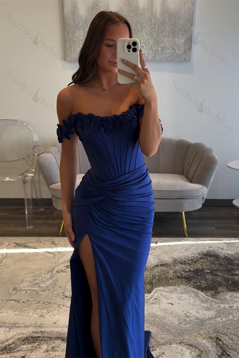 Light Blue Prom Dress Off The Shoulder Corset Mermaid Long Formal Dress With Slit