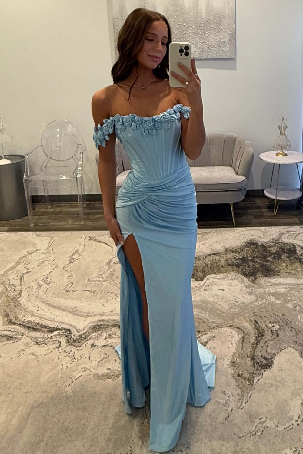 Light Blue Prom Dress Off The Shoulder Corset Mermaid Long Formal Dress With Slit