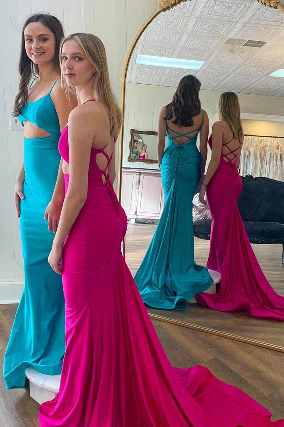 Light Blue Prom Dress Satin Spaghetti Straps Cut Out Long Formal Dress