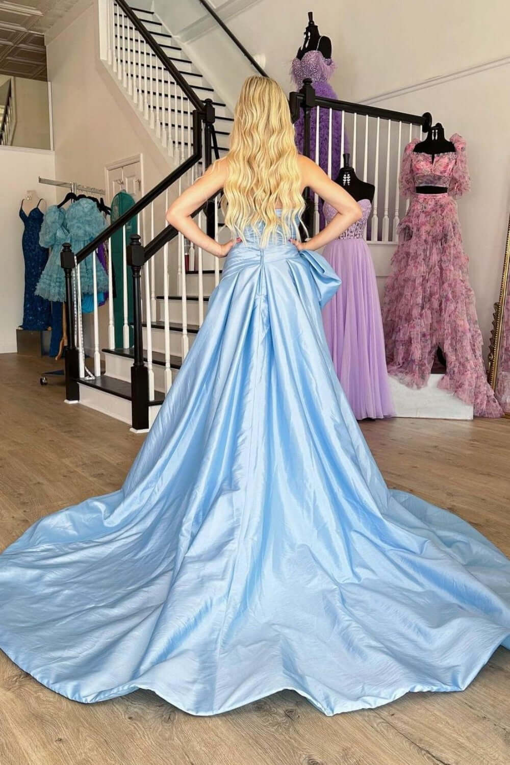 Hot Pink Prom Dress Strapless Sleeveless Pleated Split Evening Formal Dress With Bowknot