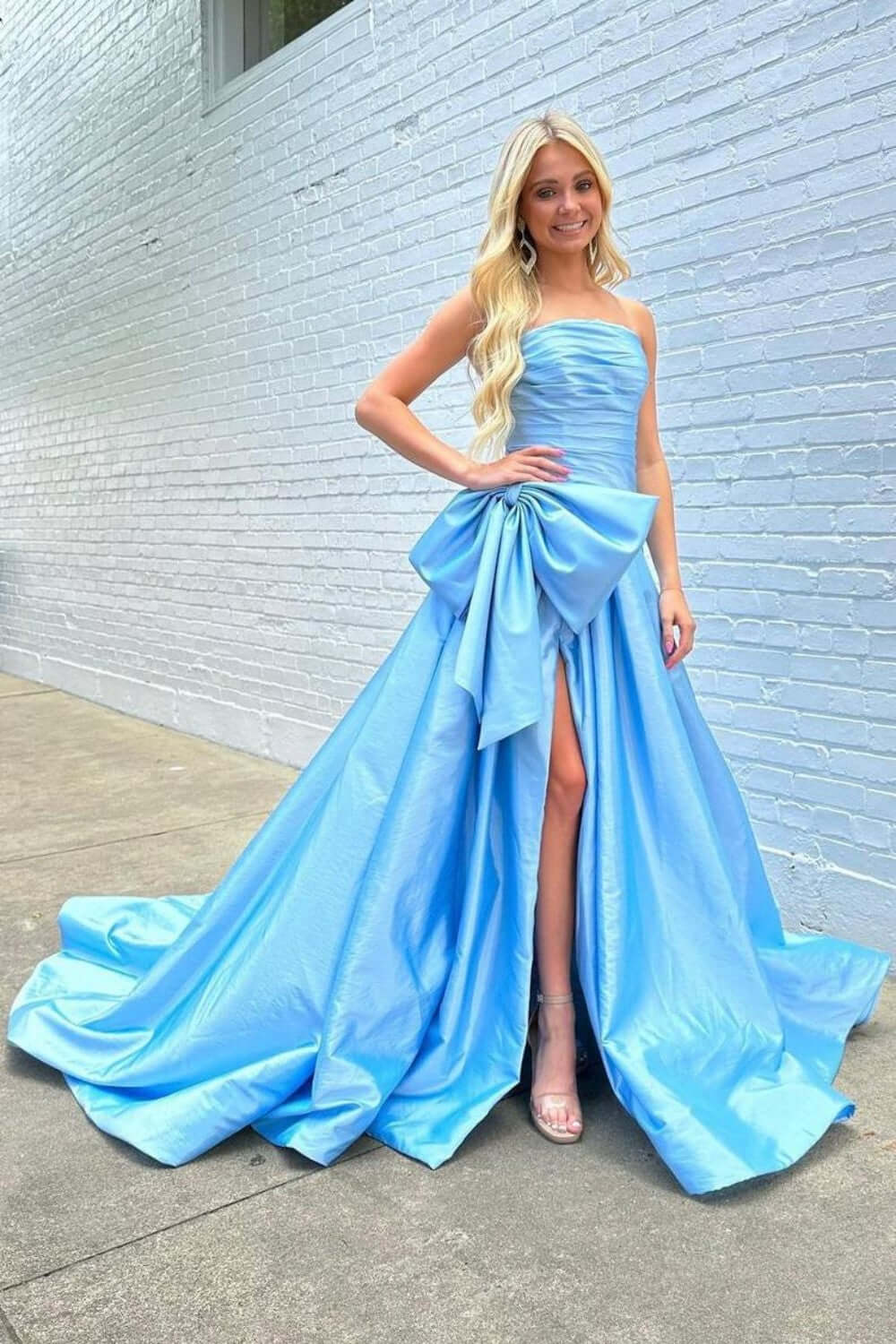 Hot Pink Prom Dress Strapless Sleeveless Pleated Split Evening Formal Dress With Bowknot