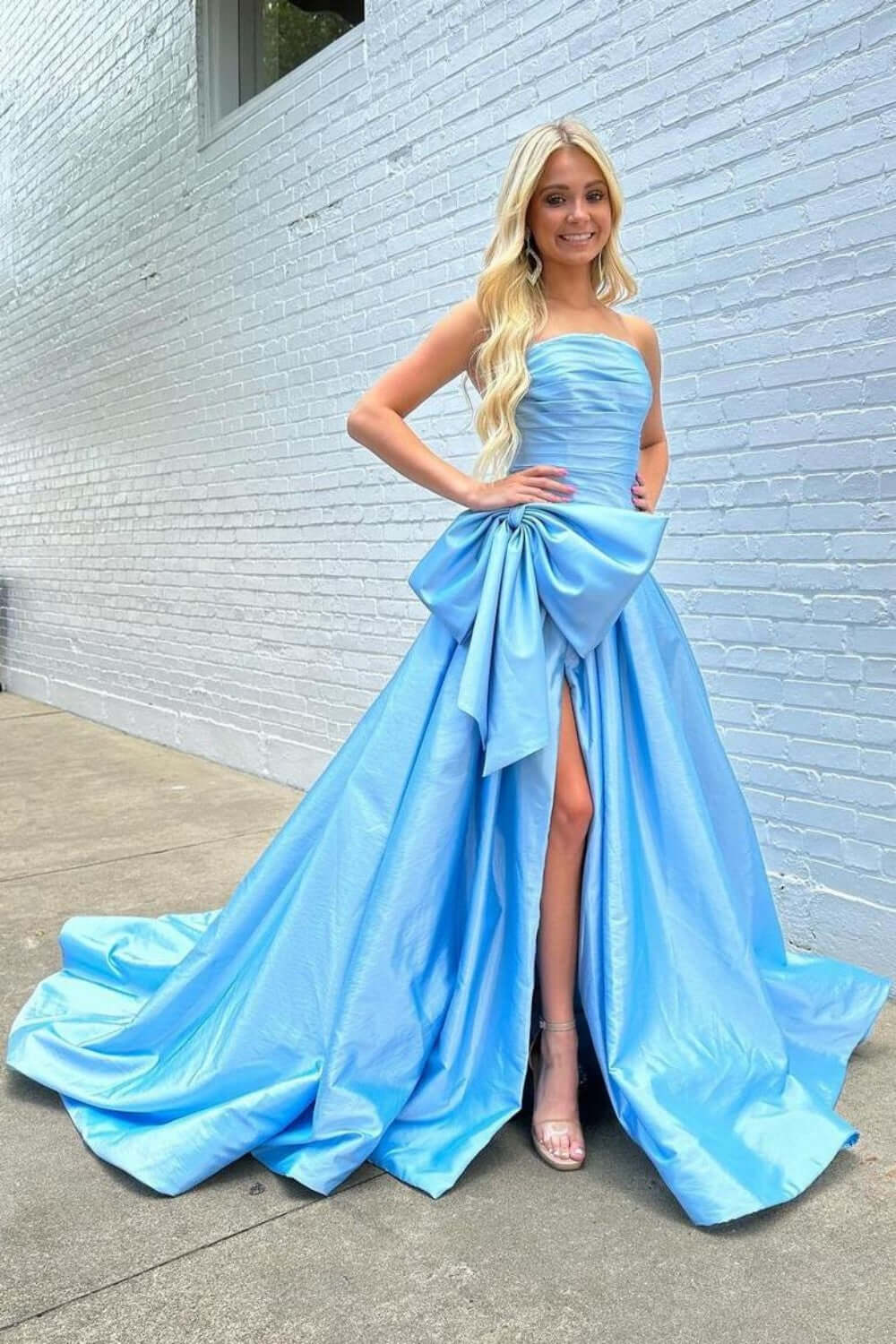 Hot Pink Prom Dress Strapless Sleeveless Pleated Split Evening Formal Dress With Bowknot