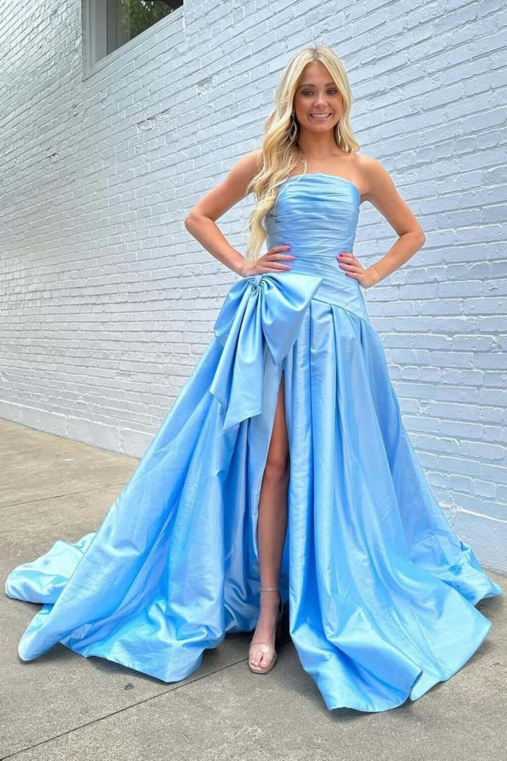 Hot Pink Prom Dress Strapless Sleeveless Pleated Split Evening Formal Dress With Bowknot