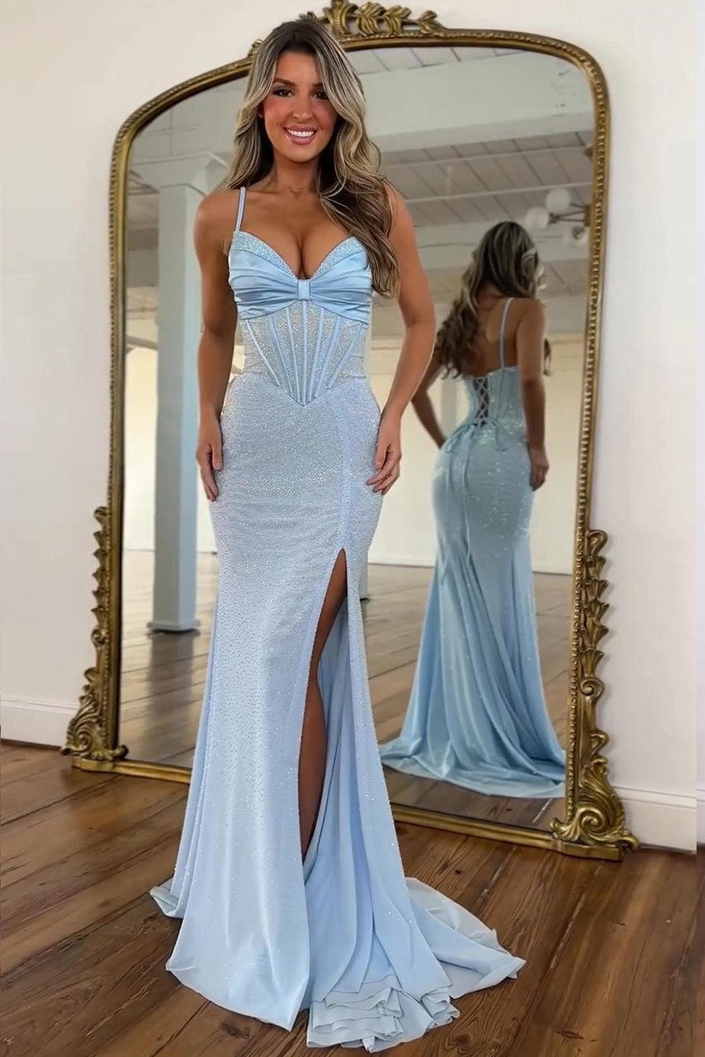Suzhoufashion Light Blue Spaghetti Straps Mermaid Corset Prom Dress With Slit Formal Evening Gown