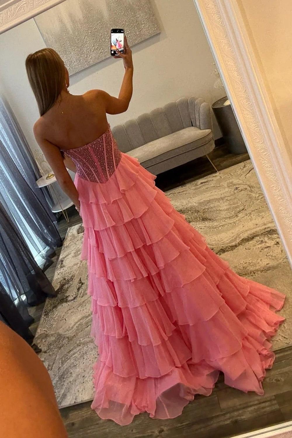 Light Blue Sweetheart Corset Prom Dress With Tiered Ruffles And High Slit Formal Evening Gown