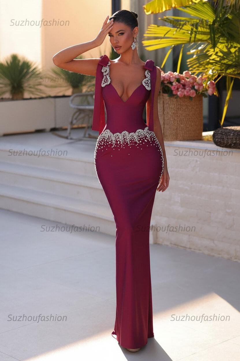 Light Green Prom Dress Column V Neck Beaded Spaghetti Strap Sleeveless Satin Formal Dress