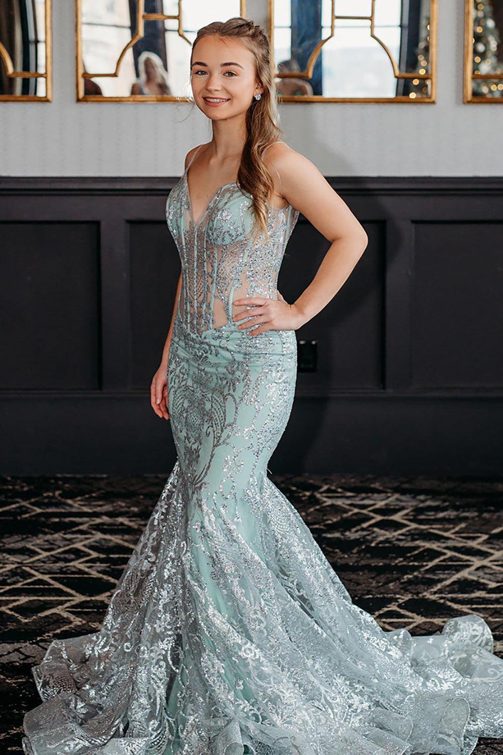 Light Green Prom Dress V-Neck Mermaid Tulle Formal Dress
