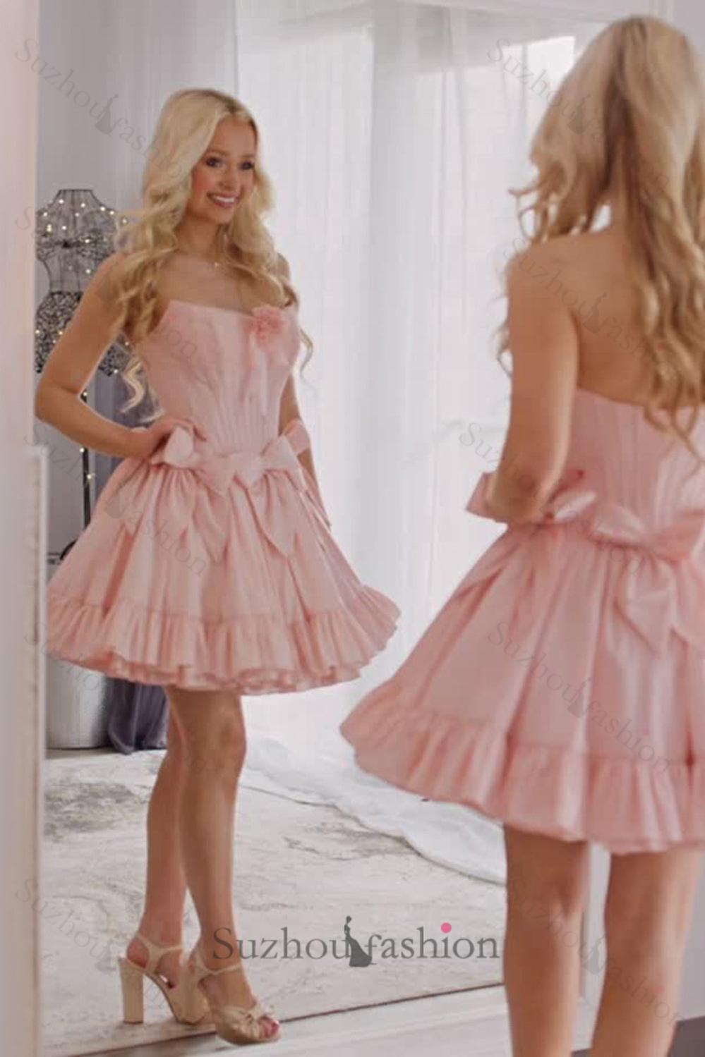 Light Pink Floral Homecoming Dresses Ruffled A Line Short Corset Cocktail Dresses With Bow