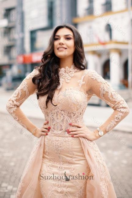 Light Pink Prom Dress Lace High Neck Long Sleeve Formal Dress With Detachable Panel Train