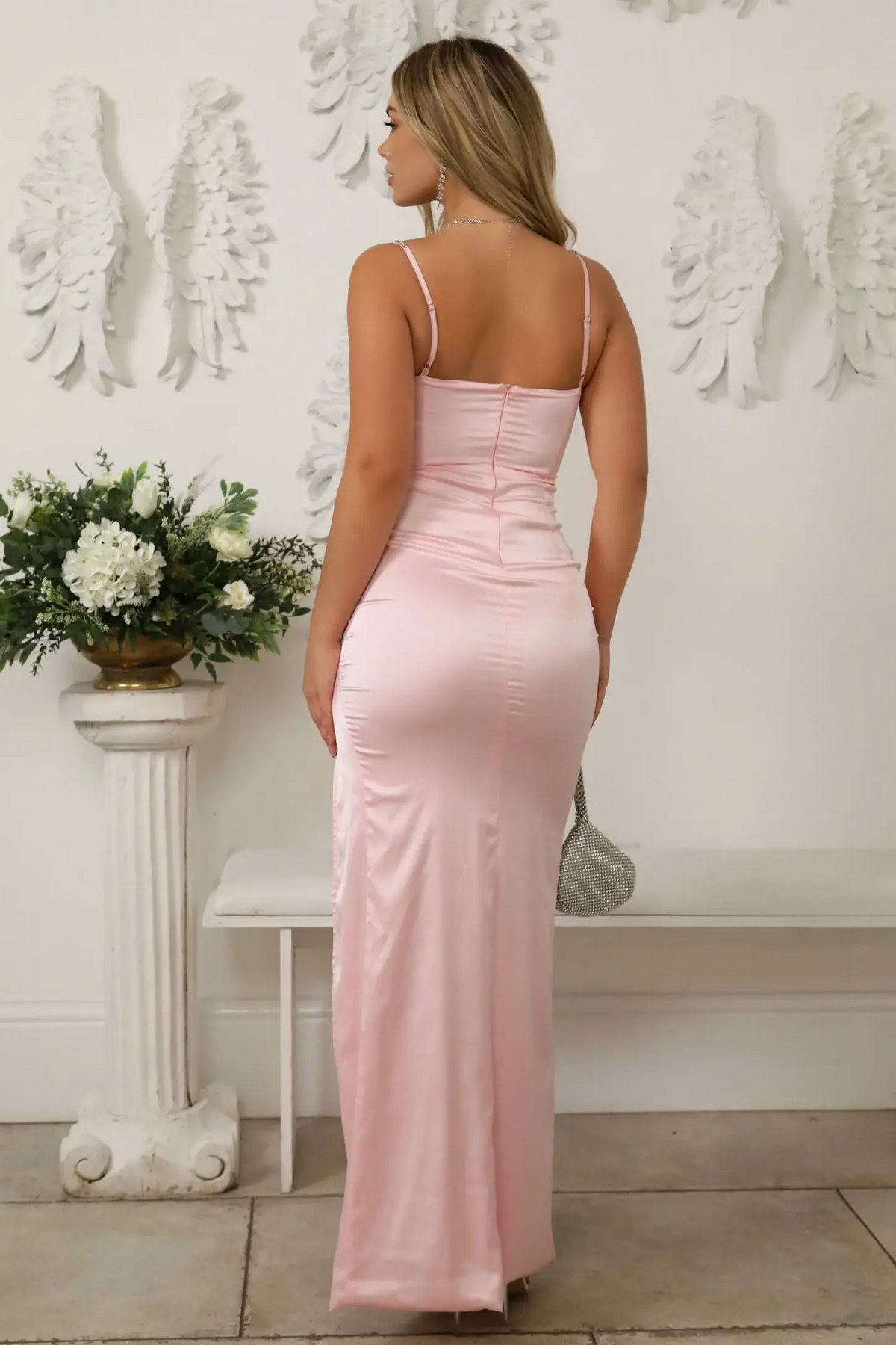 Suzhoufashion Light Pink Satin Corset Prom Dress With Crystal Spaghetti Straps & High Slit Formal Evening Gown