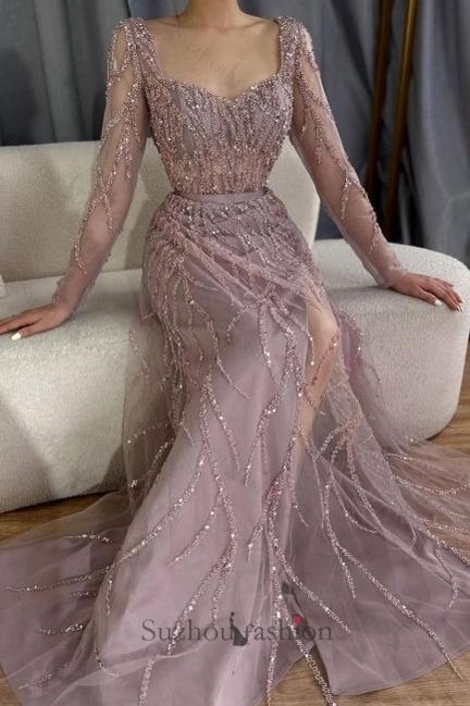 Light Purple Prom Dress Mermaid Square Sequined Sleeves Tulle Formal Dress With Slit