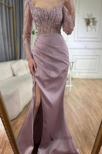 Light Purple Prom Dress Mermaid Square Sequined Sleeves Tulle Formal Dress With Slit