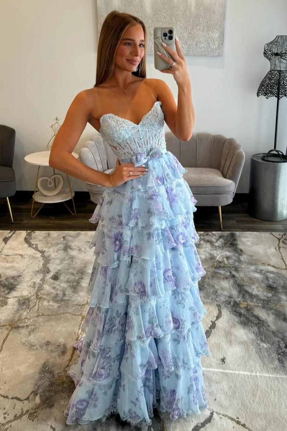 Beautiful A Line Sweetheart Light Blue Floral Printed Corset Prom Dress with Ruffles