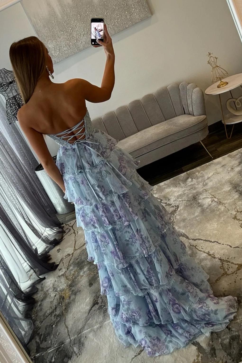 Beautiful A Line Sweetheart Light Blue Floral Printed Corset Prom Dress with Ruffles