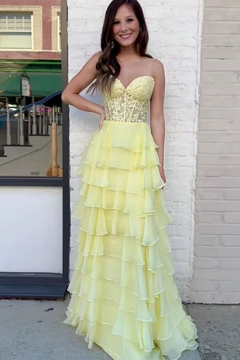 Light Blue A-Line Sweetheart Long Lace And Chiffon Prom Dress With Slit