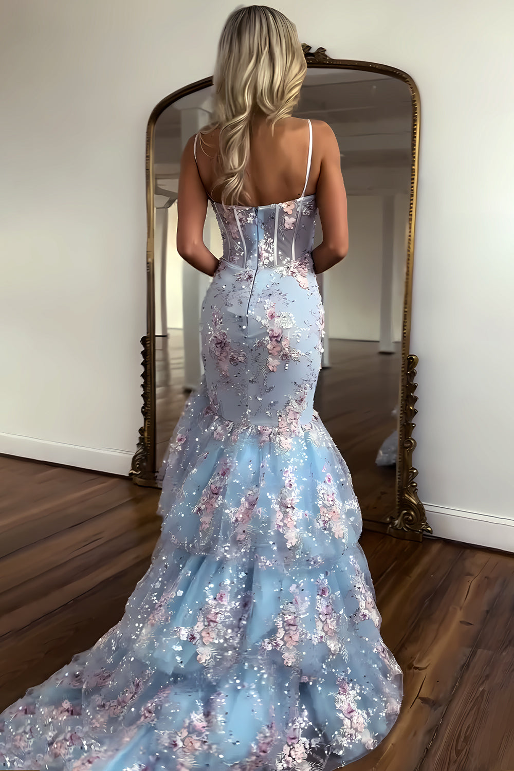 Gorgeous Mermaid Spaghetti Straps Light Blue Corset Prom Dress with Appliques - View 2 | VelvetHem