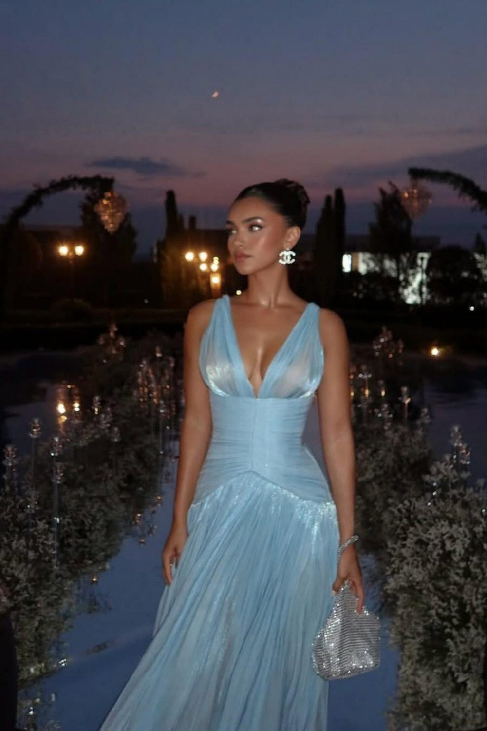 Charming A Line Light Blue Shimmer A-Line Evening Gown with Plunge Neck and Slit - View 2 | VelvetHem