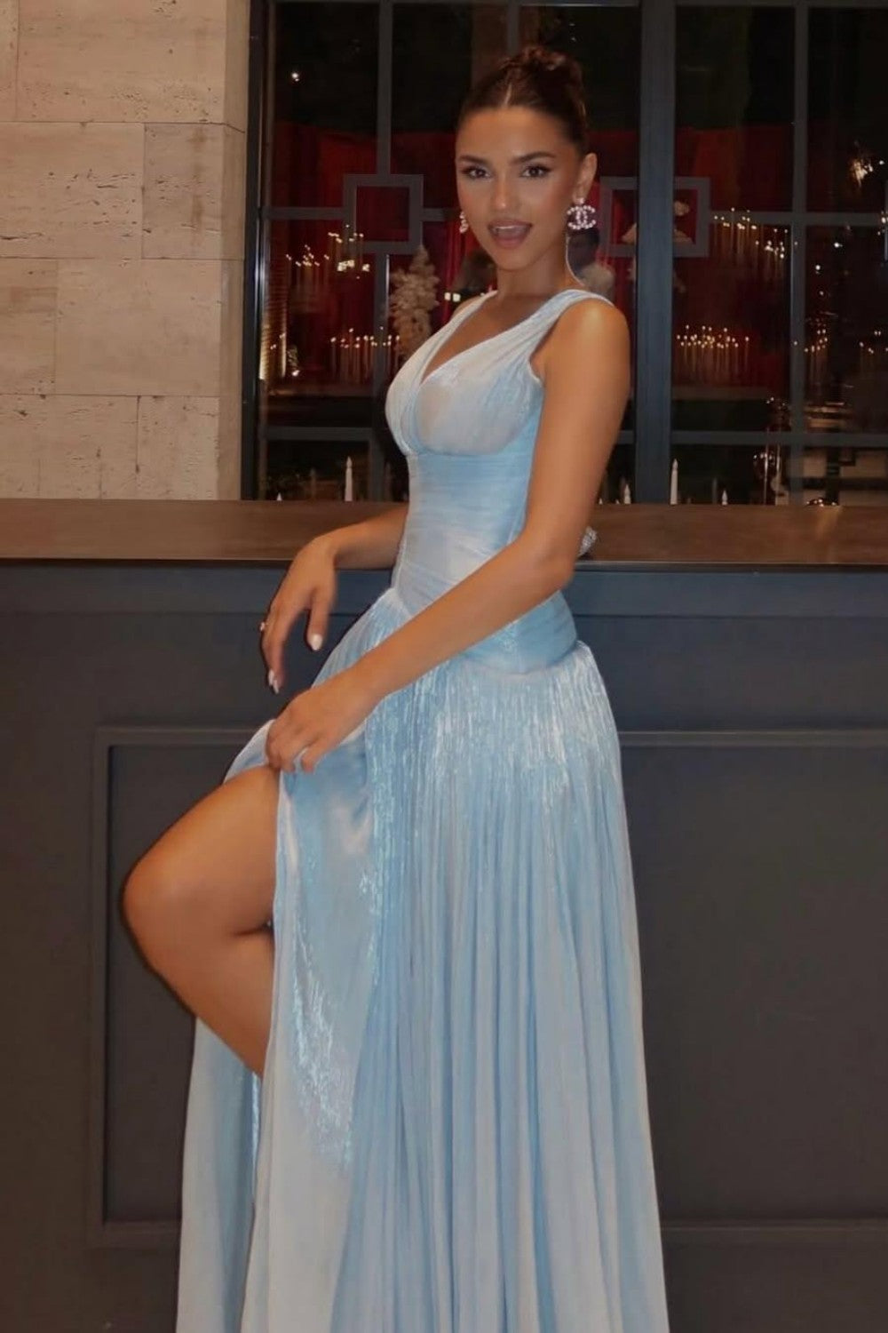 Charming A Line Light Blue Shimmer A-Line Evening Gown with Plunge Neck and Slit - View 4 | VelvetHem
