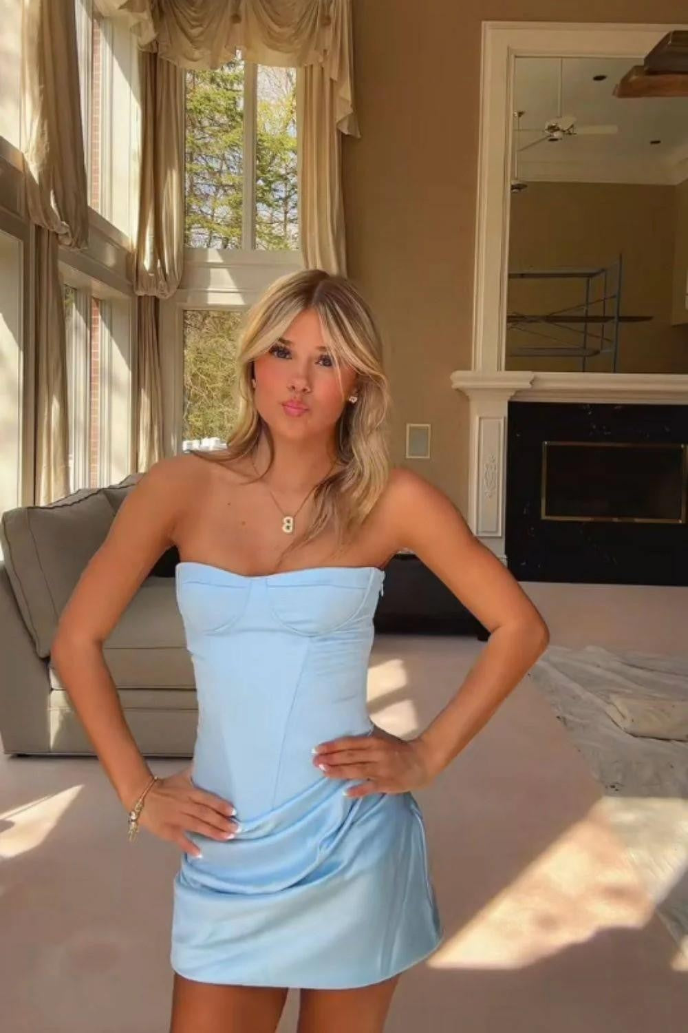 Cute Sheath Sweetheart Light Blue Corset Homecoming Dress with Criss Cross Back
