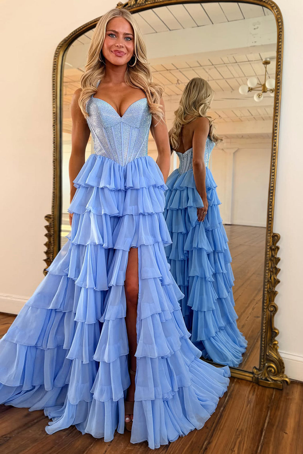 Princess A Line Sweetheart Light Blue Corset Prom Dress with Beading Ruffles