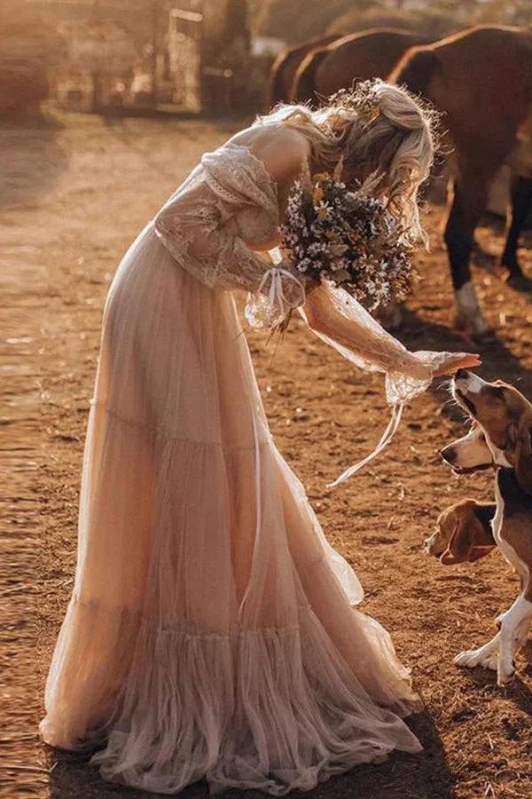 Light Brown Long Sleeve Boho Wedding Dress Rustic Wedding Dress (ZD16084)